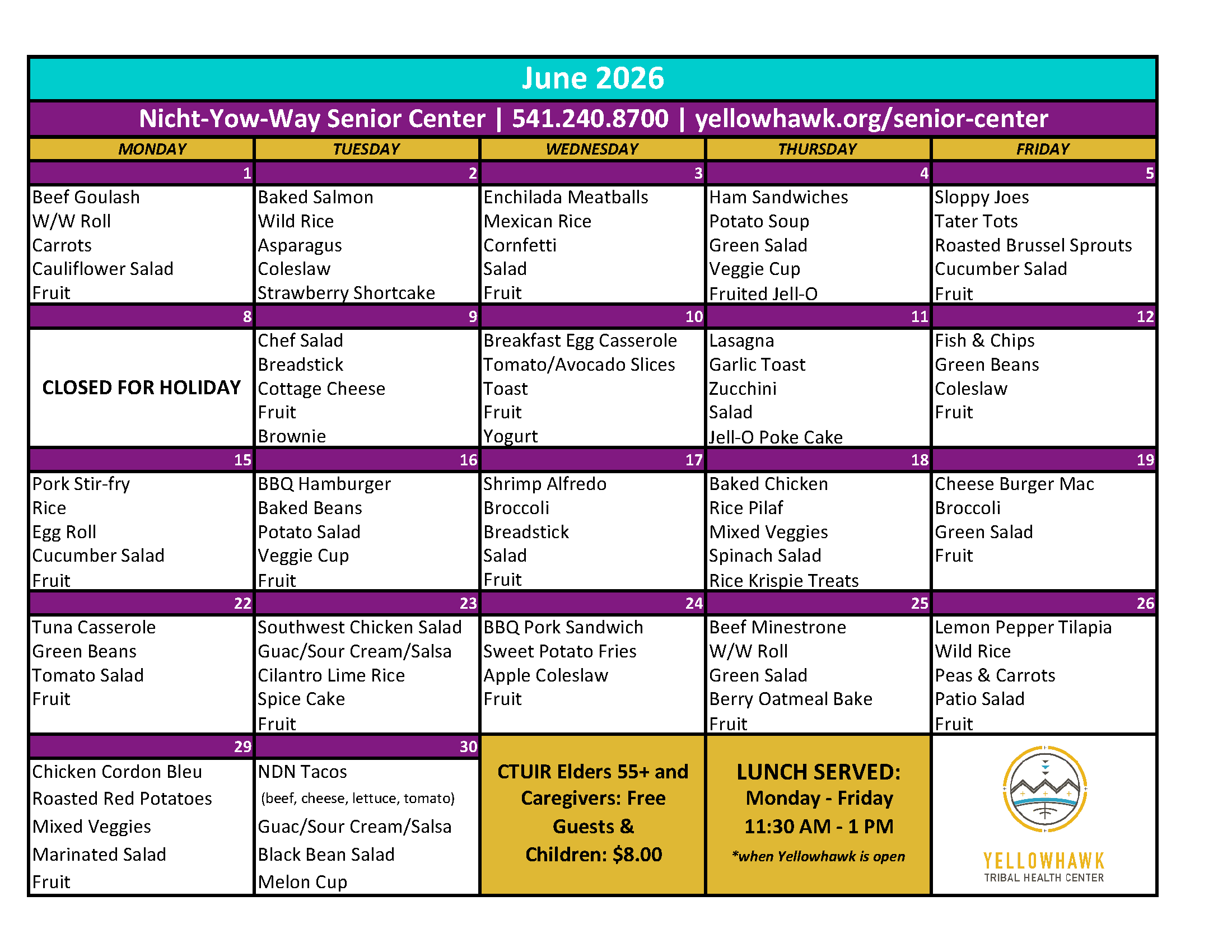 June 2026 Menu