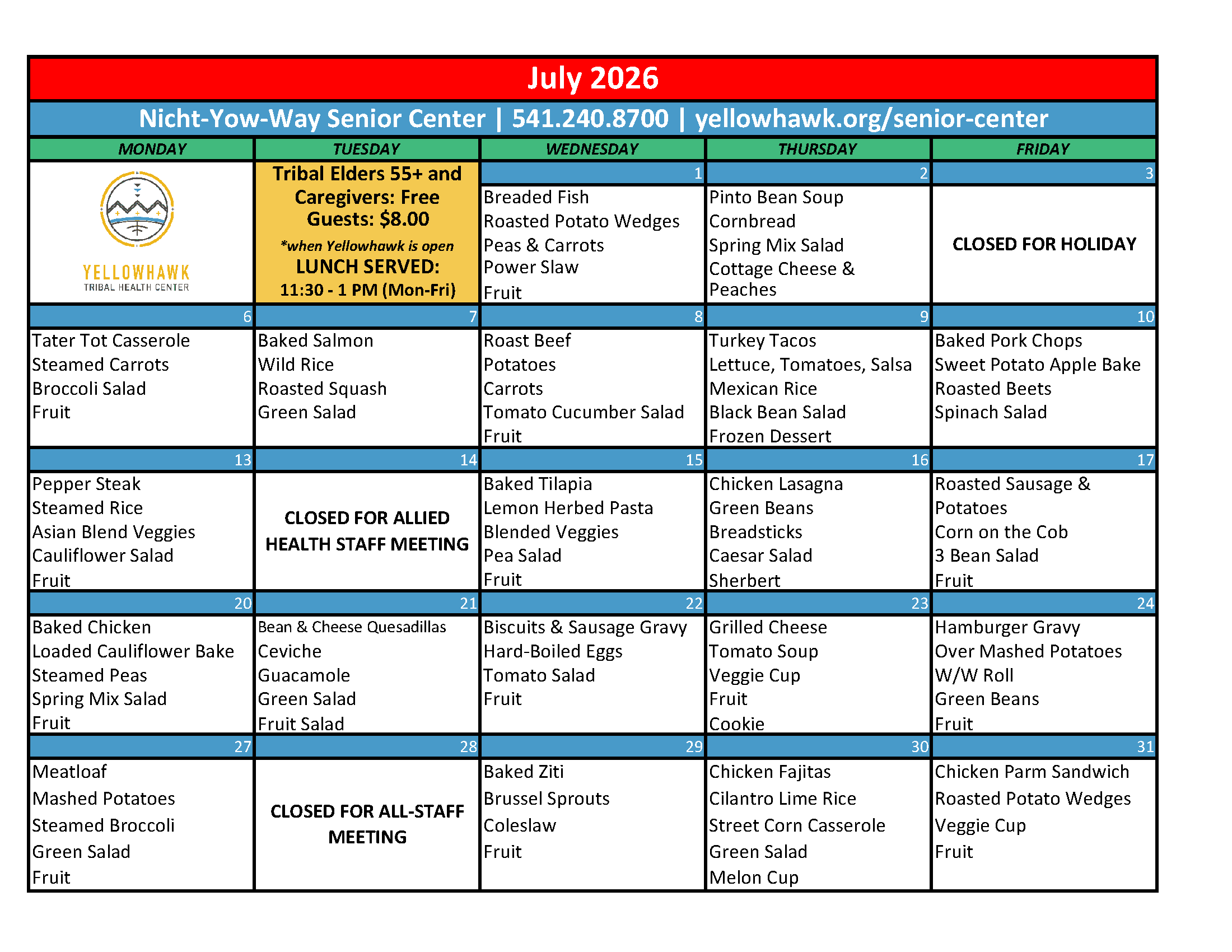 July 2026 Menu